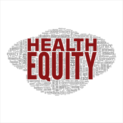A word collage of related terms pertaining to health equity.