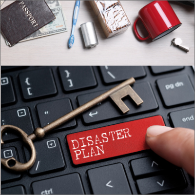 Earthquake supply kit on wooden table, flat lay with text Basic tips to survive a disaster and first aid to common injuries. With inset closed up finger on keyboard with word DISASTER PLAN