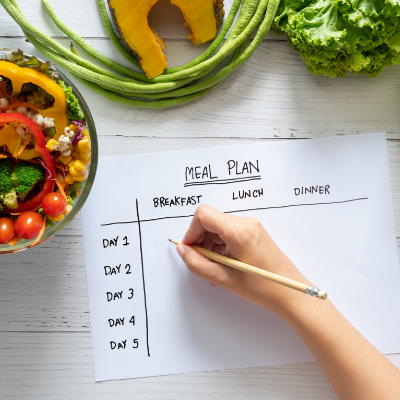 A draft of a meal plan is being written in a piece of paper, surrounded by healthy food choices.